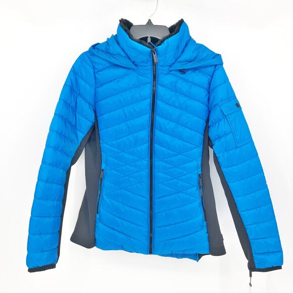 CALVIN KLEIN PERFORMANCE Puffer Coat Medium Blue Black Hooded Mixed-Media NWT - Picture 2 of 11